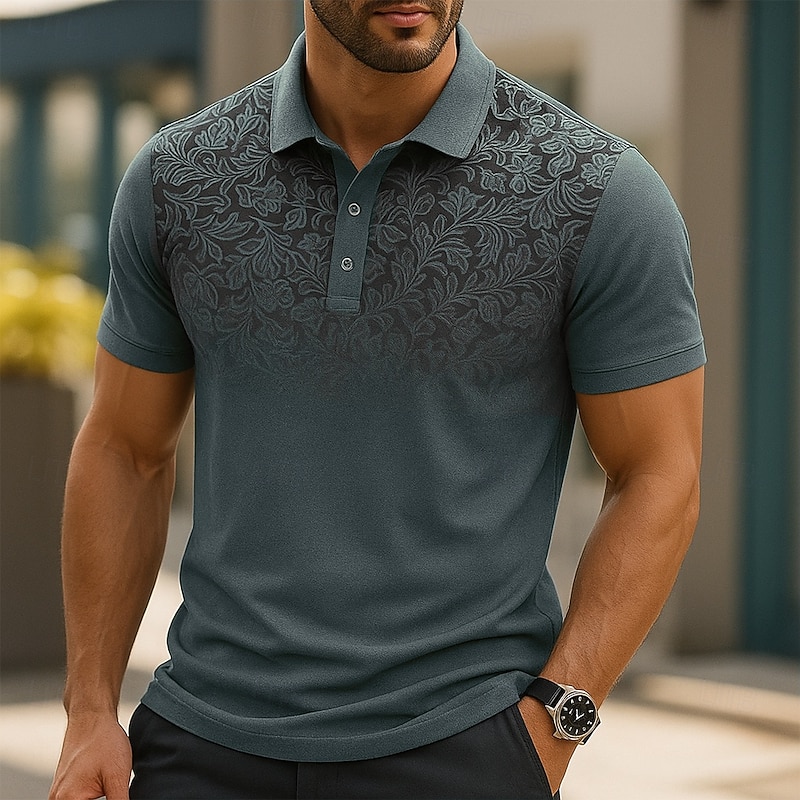 Men's Male Floral Polo Knit Polo Sweater Short Sleeve Turndown Polo Collar Modern Formal Work Sports & Outdoor Buttons Printing Spring Robin's Egg Blue White Light Blue