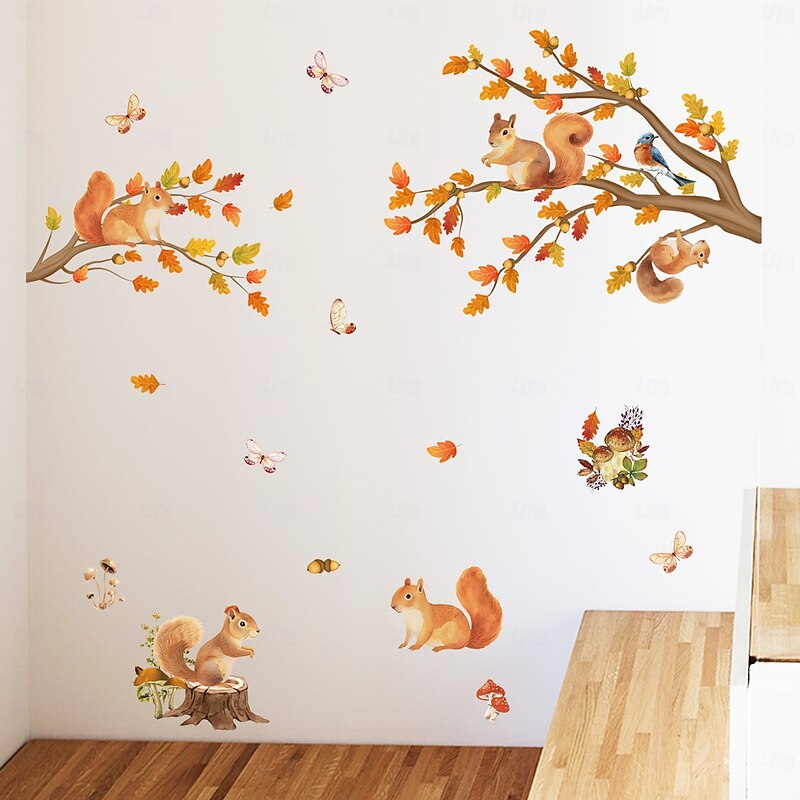 Fall Wall Decal Stickers Autumn Thanksgiving Decoration, Removable Squirrel, Bird and Tree Branch Wall Stickers for Kids Room, Study, and Home Background Decor3