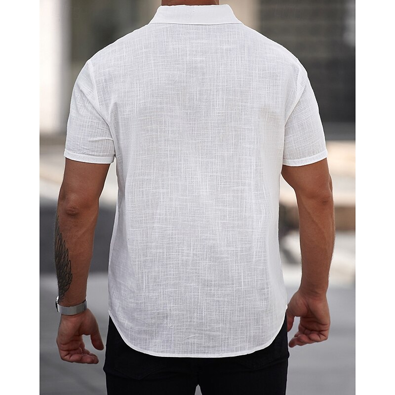 Men's Shirt Linen Shirt Casual Shirt Button Up Shirt Cotton Shirt Plain Vacation Street White Short Sleeve Turndown Summer Clothing Apparel Pocket3