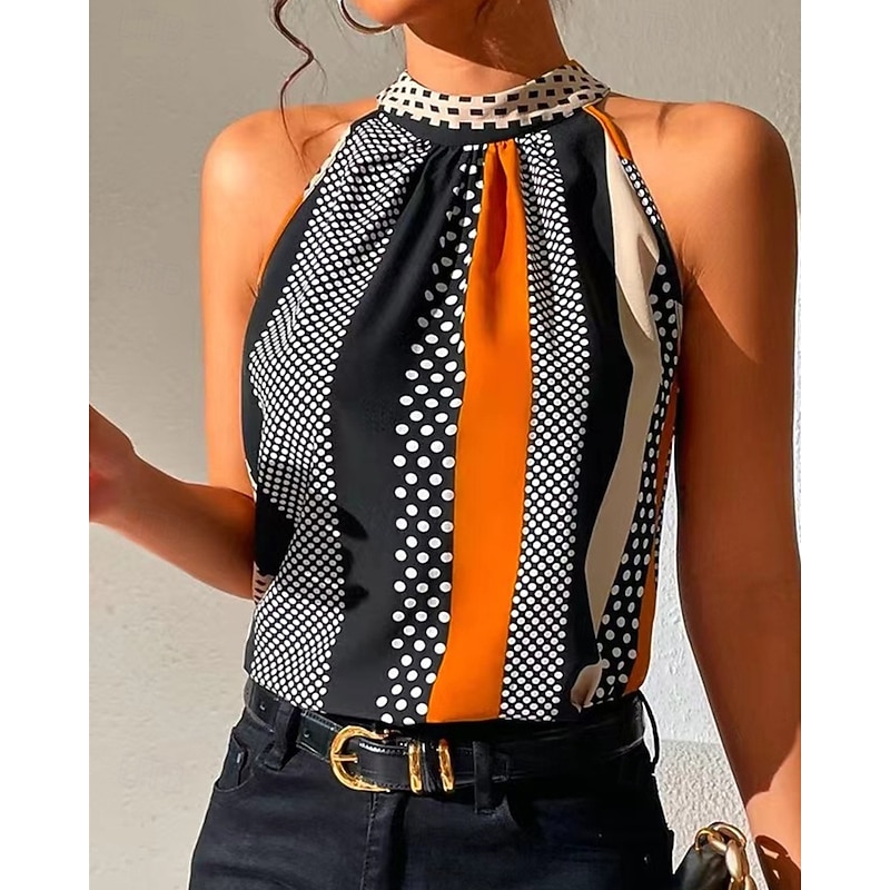 Women's T Shirt Tank Top Tee Top Polka Dot Striped Fashion Modern Sleeveless High Neck Regular Tops Daily Vacation Wear Purple Orange Green Summer