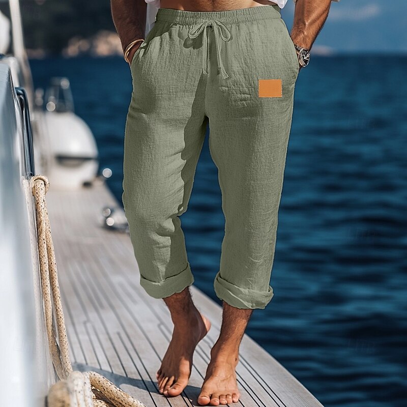 Men's Linen Pants Trousers Summer Pants Baggy Pants Beach Pants Elastic Waist Drawstring Straight Leg Plain Comfort Breathable Full Length Outdoor Holiday Beach Vacation Fashion White Army Green
