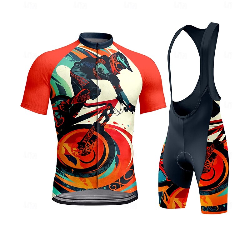 Men's Cycling Jersey with Bib Shorts Short Sleeve Red Bike Sports Graphic Geometric Clothing Apparel