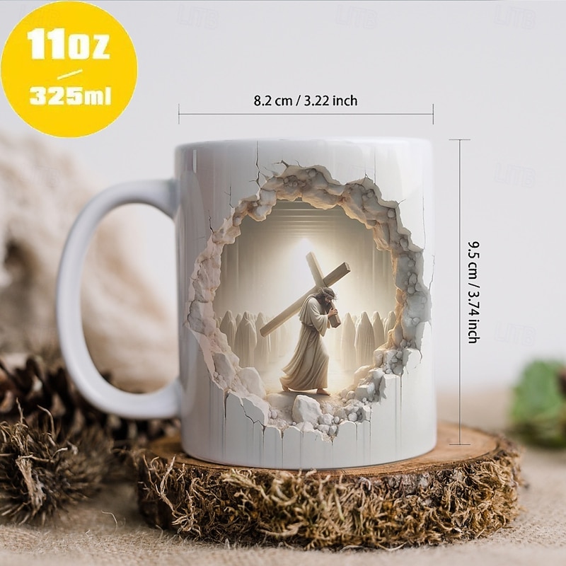 Jesus 3D Ceramic Coffee Mug 330ml/12oz, Christian Gift Cup Featuring Cross Carrying Disciple, Religious White Ceramic Mug for Prayer, Church, Easter, Faith Home Decor4