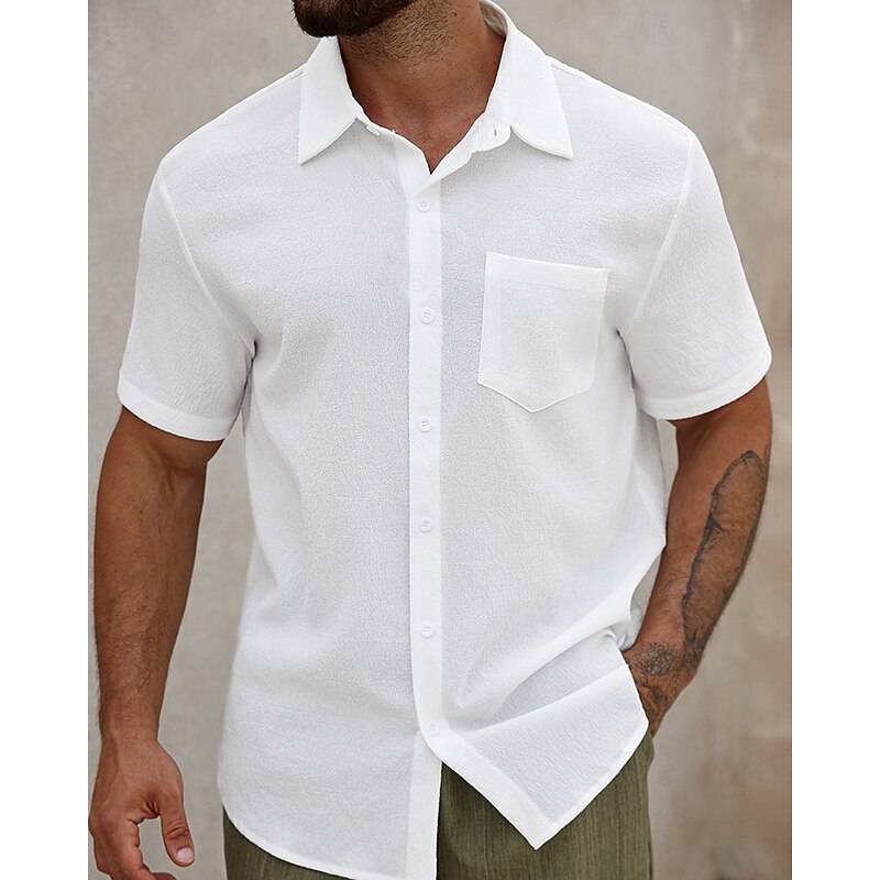 Men's Shirt Summer Shirt Casual Shirt Beach Shirt Button Up Shirt White Short Sleeve Plain Lapel Vacation Hawaiian Clothing Apparel Polyester Fashion Casual Comfortable