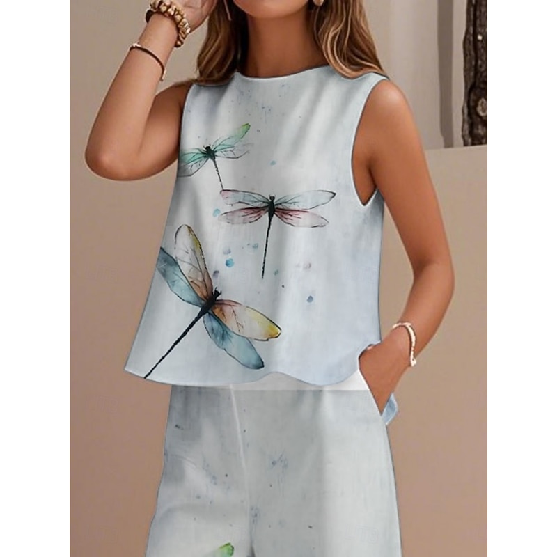 Women's Elegant Fashion Streetwear Two Piece Sets Blouse Vest Pants Trousers Sleeveless Crew Neck Outdoor Work Casual Animal Print Vacation Daily Holiday Blue Summer Regular Fit2