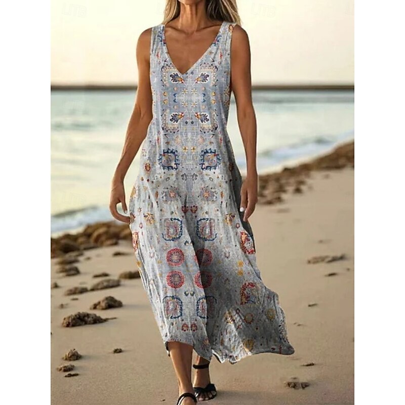 Women's Long Dress Maxi Dress Casual Dress Tank Dress Summer Dress African Daily Holiday Beach Regular Fit Floral Sleeveless V Neck Wine Burgundy Navy Blue Blue Summer2