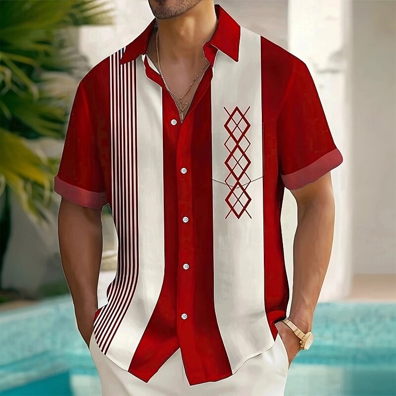 Men's Geometric Striped Grid / Plaid Shirt Summer Shirt Button Up Shirt Short Sleeve Fashion Casual Outdoor Vacation Dailywear Summer Spring Turndown 3D Print Collared Shirts Front One Pocket Red