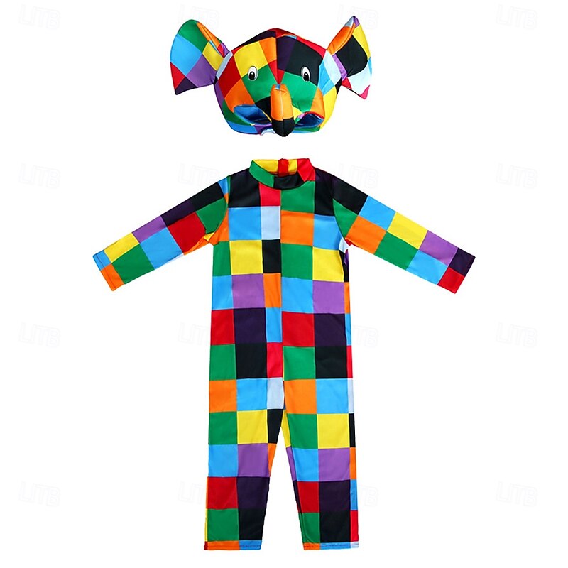 Elmer the Patchwork Elephant Elmer Jumpsuit Onesie Costume Storybook Characters Movie Cosplay for Boys Girls' Kid's Halloween Carnival World Book Day Performance Educational Dress Up3
