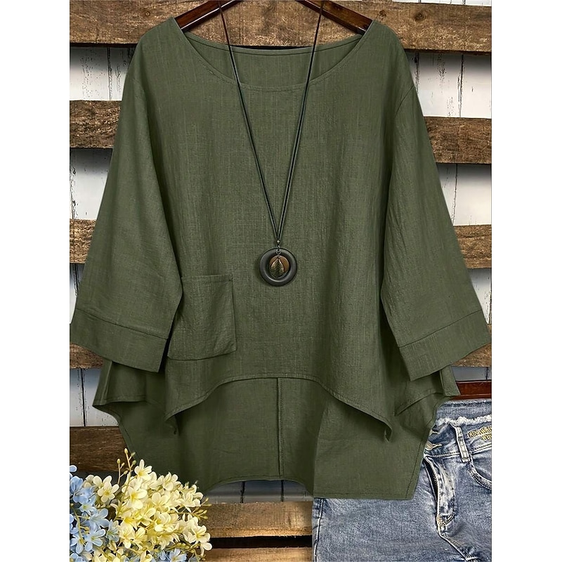 Women's Cotton Linen Blouse Solid Color Elegant Casual 3/4 Length Sleeve Crew Neck Boat Neck Regular Tops Daily Holiday Black White Navy Blue Green Summer Fall