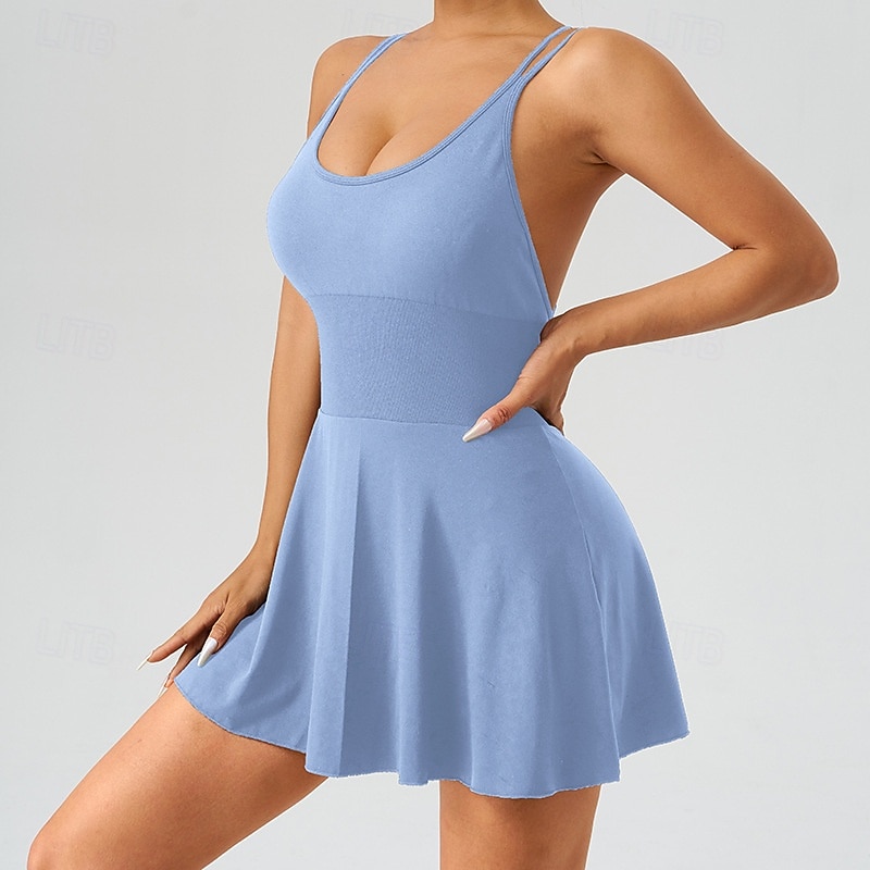 Women's Solid Colored Tennis Dress with Shorts Sports Dress Sleeveless Pleated Breathable Tennis Golf Pickleball Square Neck Dress Crisscross Back Black White Light Blue Tennis Clothing3