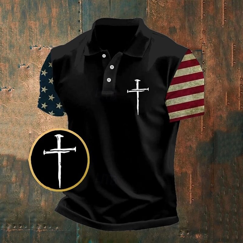 American Independence Day Men's American US Flag Cross Polo Shirts Button Up Polos Golf Shirt Short Sleeve Polo Shirts Lapel Fashion Casual Daily Festival Print Summer Black Navy Blue2
