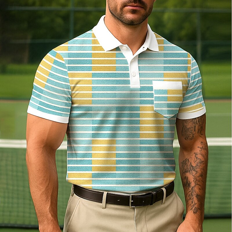 Men's Color Block Polo Short Sleeve Short Sleeves Polo Collar Business Casual Daily Athleisure Casual Daily Buttons Pocket Summer Robin's Egg Blue Yellow2
