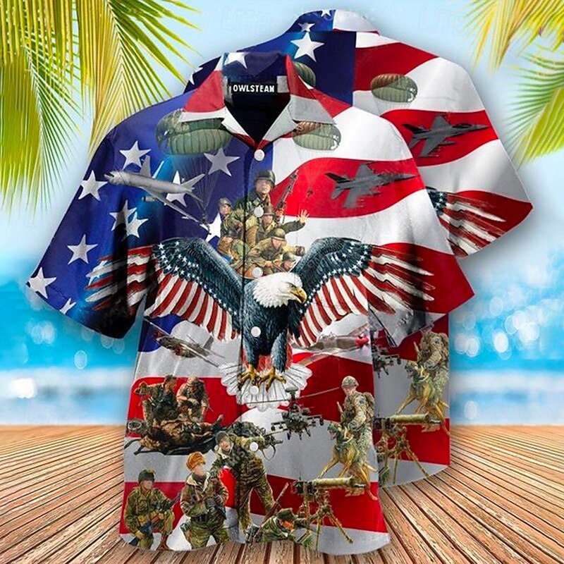American Independence Day Men's Cross American Flag Soldier Shirt Button Up Shirt Short Sleeve Fashion Streetwear Designer Outdoor Street Daily Summer Spring Turndown Print Button-Down Red / White3
