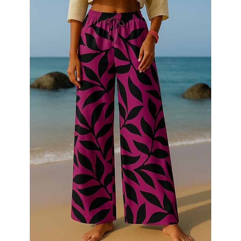 Women's Culottes Wide Leg Wide Leg Chinos Vacation Vintage Ethnic Style Full Length High Waist Floral Graphic Leaf Quick Dry Breathability Soft Inelastic Outdoor Vacation Sport Black Navy Blue Purple2