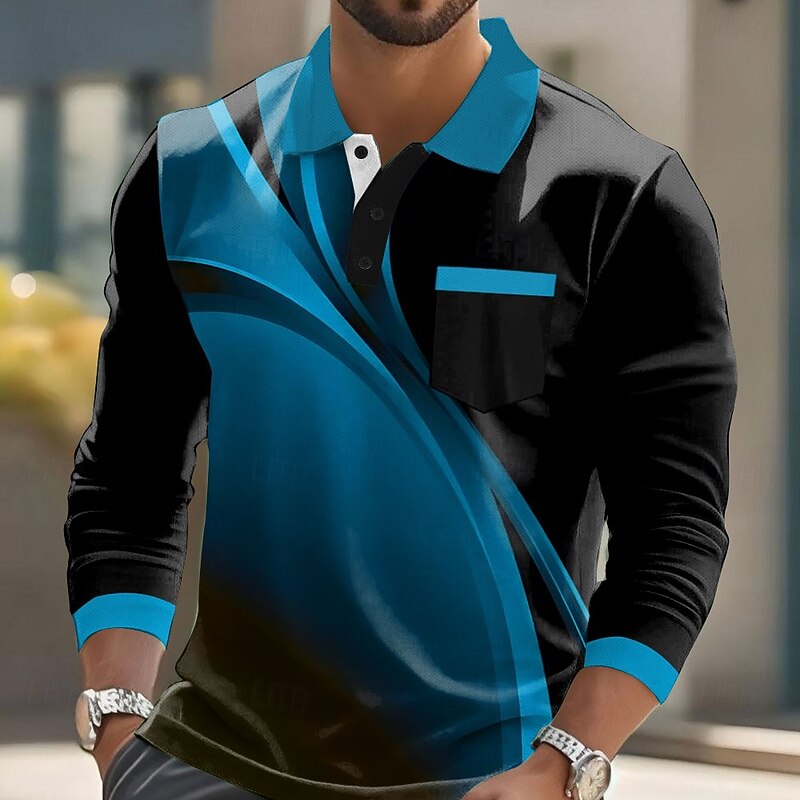 Men's Geometric Polo Long Sleeve Polo Shirts Collared Shirts Business Casual Business Athleisure Daily Wear Pocket 3D Print Buttons Spring Fall Winter Red Blue Brown