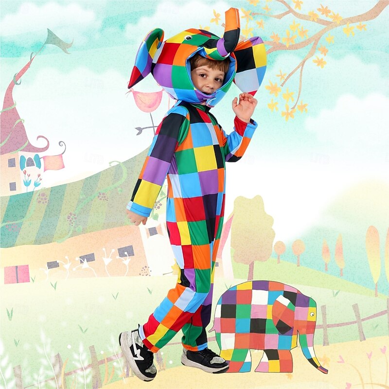 Elmer the Patchwork Elephant Elmer Jumpsuit Onesie Costume Storybook Characters Movie Cosplay for Boys Girls' Kid's Halloween Carnival World Book Day Performance Educational Dress Up