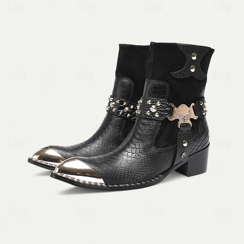 Men's Black Leather Ankle Boots with Studded Straps and Metal Toe Caps - Stylish Western Boots for Formal and Casual Occasions2