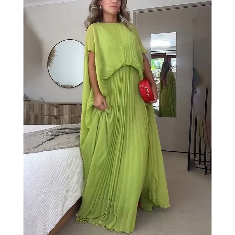 Women's Long Dress Maxi Dress Cocktail Dress Wedding Guest Dress Chiffon Dress Ruched Dress Fashion Outdoor Date Tea Party Regular Fit Plain Short Sleeve Crew Neck Green Summer3