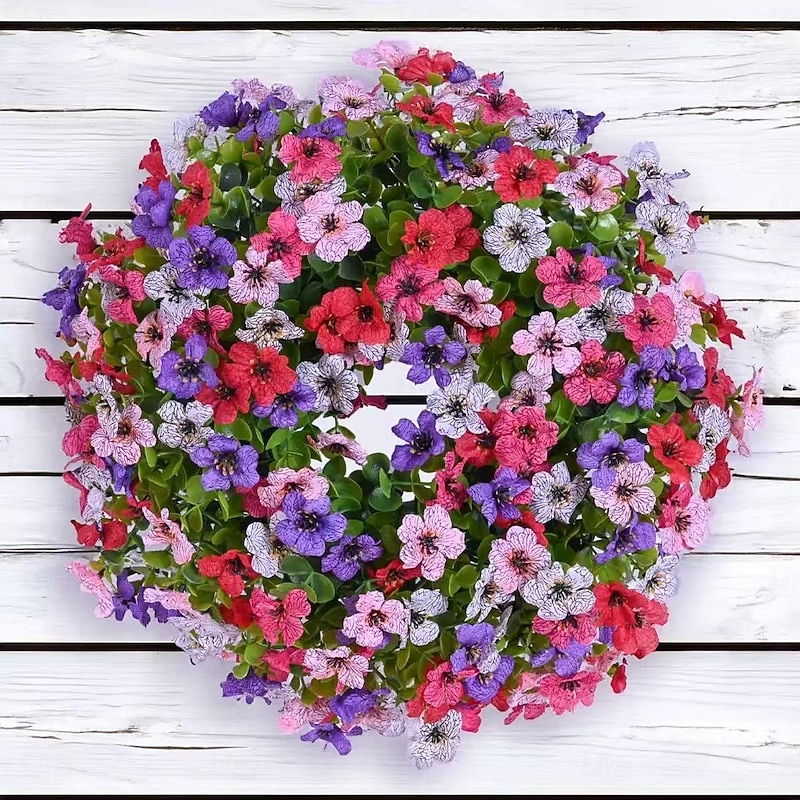 Artificial Eucalyptus and Violet Wreath for Front Door, Faux Greenery Floral Wreath for Home Decor, Wall Hanging and Holiday Decorations2