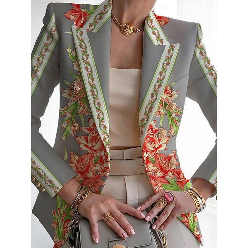 Women's Blazer Comfortable Breathable Print Elegant Casual Leaf Formal Work Office / Career Double Breasted Regular Turndown Regular Fit Long Sleeve Outerwear White Blue Green Summer3
