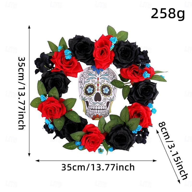 Halloween Wreaths for Front Door Indoor Outdoor Decoration, Day of the Dead Red Black Rose Wreath with Skull Sign for Window and Wall Decor3