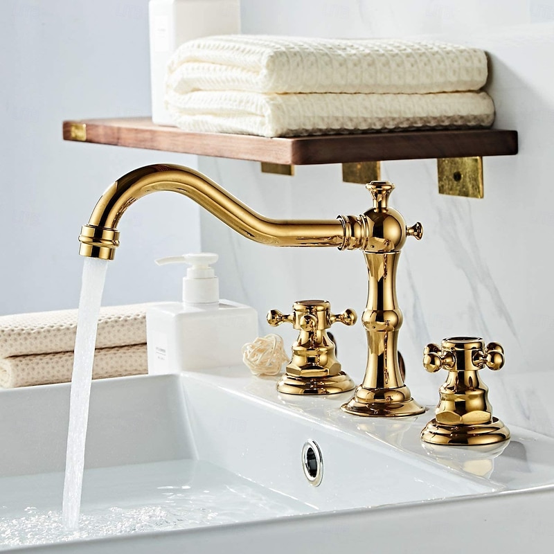 Antique Copper Bathroom Sink Faucet,Widespread Black Widespread Two Handles Three Holes Bath Taps with Hot and Cold Switch