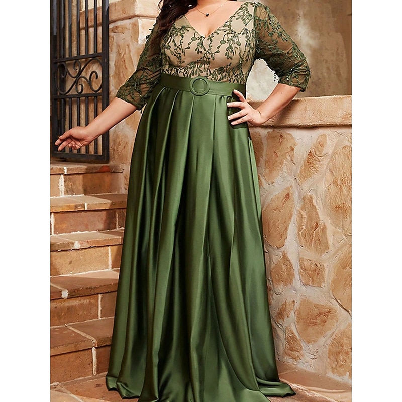 A-Line Evening Gown Elegant Dress Formal Wedding Floor Length 3/4 Length Sleeve V Neck Satin V Back with Pleats3