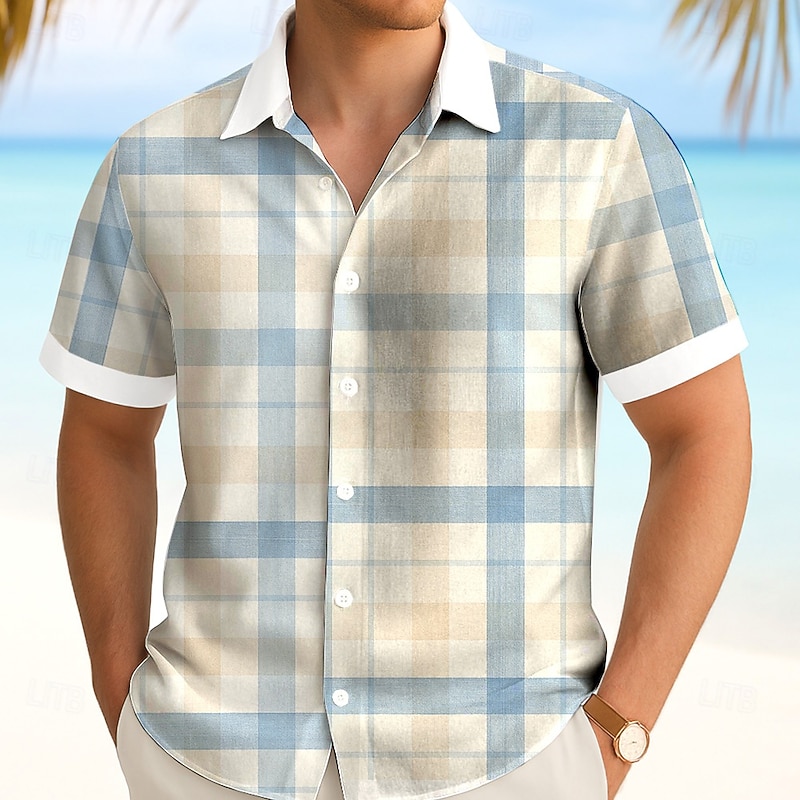 Men's Geometric Grid / Plaid Patterns Shirt Summer Shirt Button Up Shirt Short Sleeve Fashion Casual Outdoor Vacation Dailywear Summer Spring Turndown 3D Print Collared Shirts White Yellow Blue