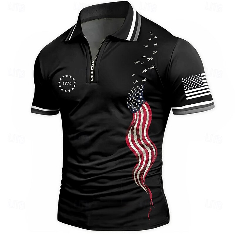 American Independence Day Men's American US Flag Zip Polo Shirts Short Sleeve Polo Shirts Collared Shirts Casual Athleisure Daily Wear 3D Print Summer Black Red2