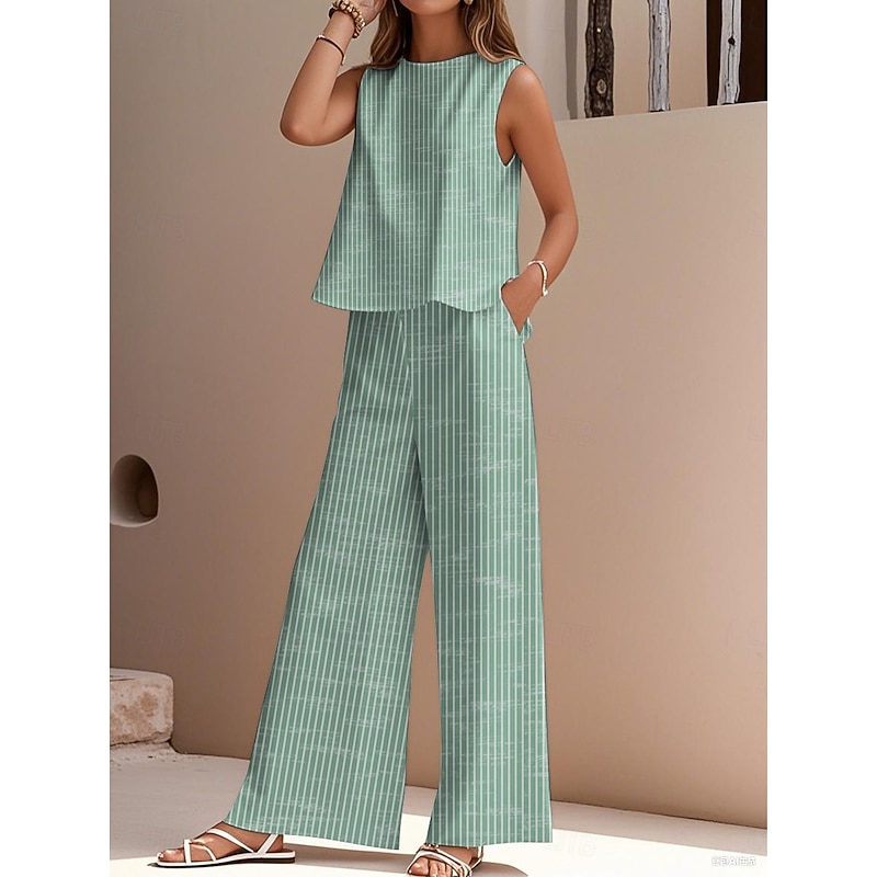 Women's Elegant Fashion Streetwear Two Piece Sets Blouse Vest Pants Trousers Sleeveless Crew Neck Outdoor Work Casual Striped Print Vacation Daily Holiday White Purple Green Summer Regular Fit3
