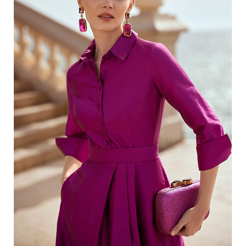 A-Line Mother of the Bride Evening Gown Elegant Dress Formal Wedding Guest Floor Length Long Sleeve Shirt Collar Pocket Satin with Slit3