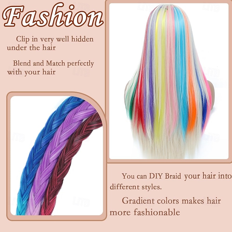 12 Pcs Pink hair extensions 22 Inch Straight colored hair colorful clip in extensions Highlight Party for Kids Girls and Women Gift2