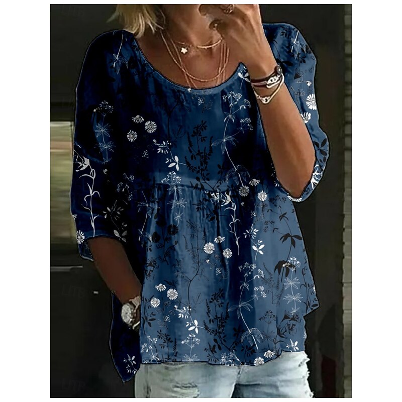 Women's Blouse Floral Stylish 3/4 Length Sleeve Crew Neck Regular Tops Daily Holiday Print White Navy Blue Blue Sky Blue Khaki Summer3