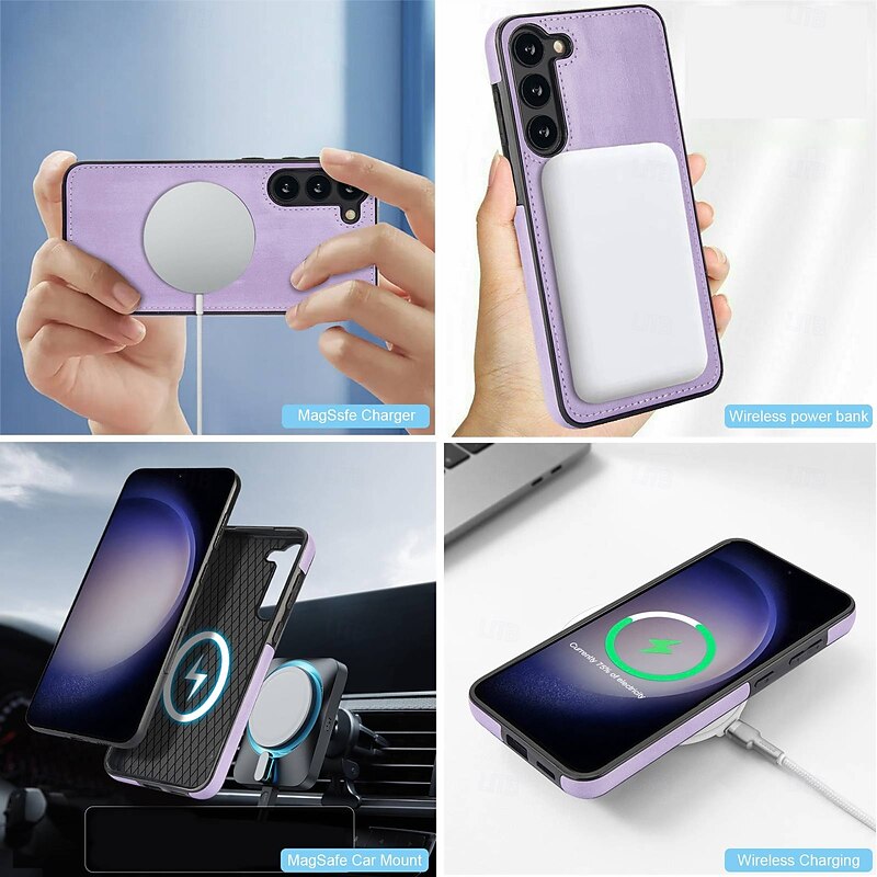 Phone Case For Samsung Galaxy S25 S25 Edge S24 S23 S22 Plus  Ultra S23 FE A55 5G A35 5G A15 A14 Back Cover Magnetic Support Wireless Charging Shockproof Retro TPU PU Leather4