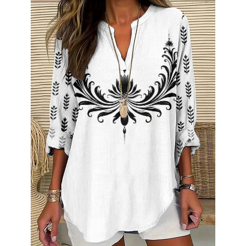 Women's Blouse Floral Stylish Modern Long Sleeve V Neck Regular Tops Daily Holiday Print Black White Gold Green Summer4