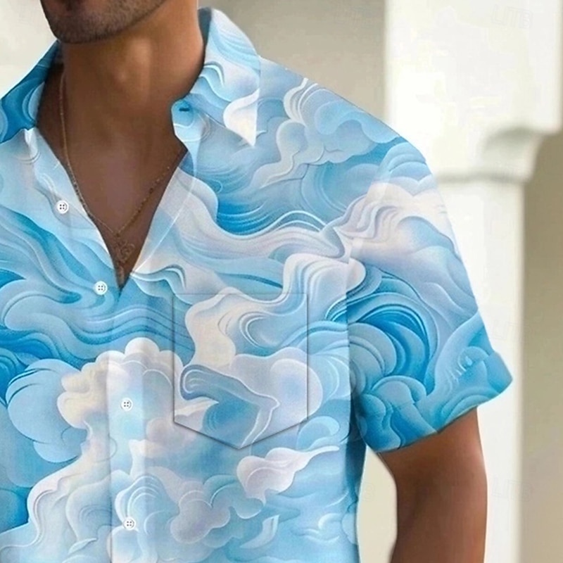 Men's Geometric Abstract Art Shirt Summer Shirt Button Up Shirt Short Sleeve Fashion Casual Outdoor Vacation Dailywear Summer Spring Turndown 3D Print Collared Shirts Front One Pocket Black Blue2