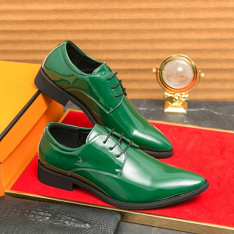 Green Patent Leather Lace-Up Shoes for Men – Glossy Formal Shoes with a Polished Finish, Ideal for Weddings and Evening Celebrations3