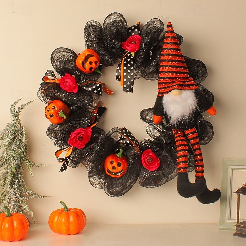 Halloween Gnome Wreaths for Front Door Indoor Outdoor Decoration, Gnome and Faceless Man Wreath for Spooky Halloween Party Haunted House Decor