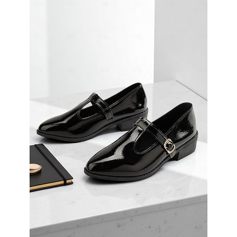 Women's Black Patent T-Strap Mary Jane Shoes – Pointed Toe Low Block Shoes for Office, School and Semi-Formal Events