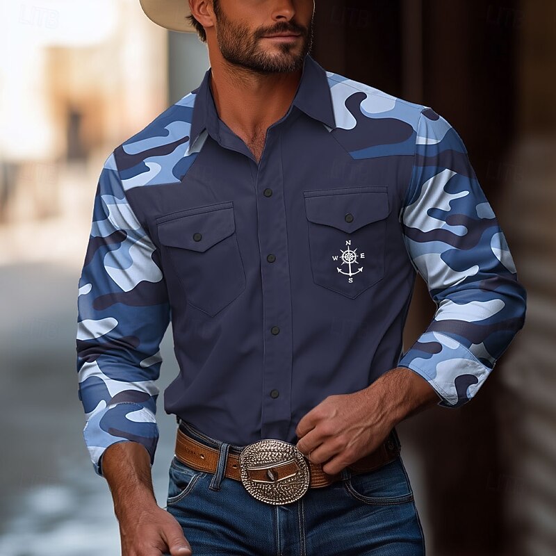 Men's Camouflage Compass Shirt Western Shirt Cowboy Shirt Long Sleeve Vintage Western Style Outdoor Daily WorkWear Fall & Winter Turndown 3D Print Front Two Pockets Button Up Shirts White Blue Dark4