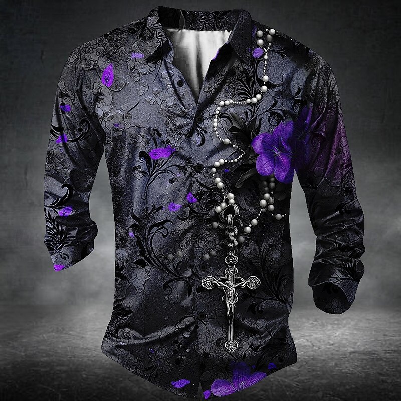 Men's Templar Cross Romantic Rose Shirt Button Up Shirt Long Sleeve Dark Gothic Style Holiday Streetwear Summer Spring Turndown 3D Print Collared Shirts Red Blue Purple2