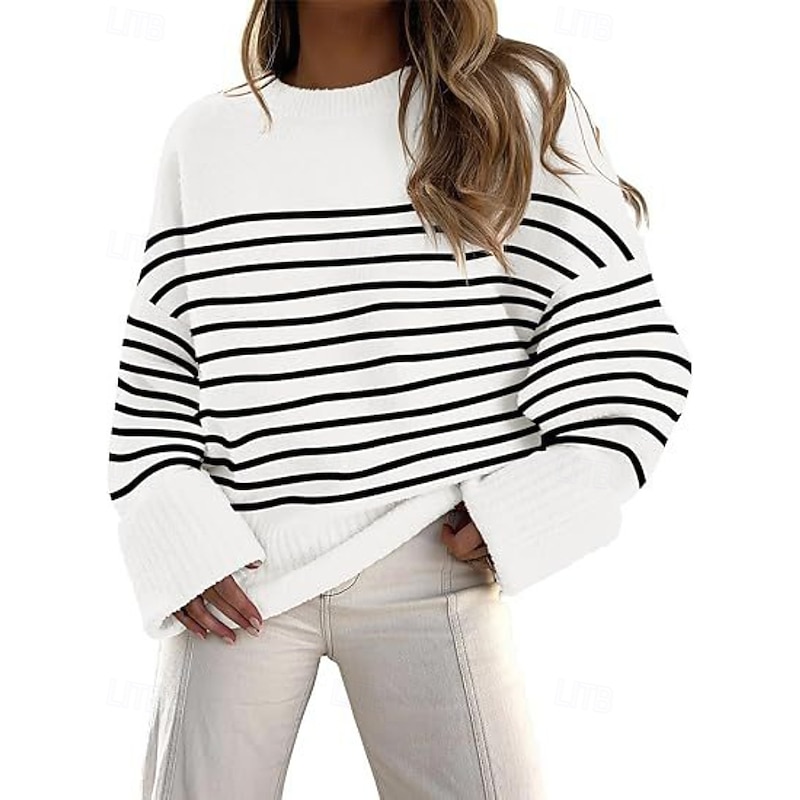 Women's Sweater Pullover Fashion Striped Ribbed Crew Neck Knitted Long Sleeve Regular Tops Knit Outdoor Going out Weekend Black White Fall4