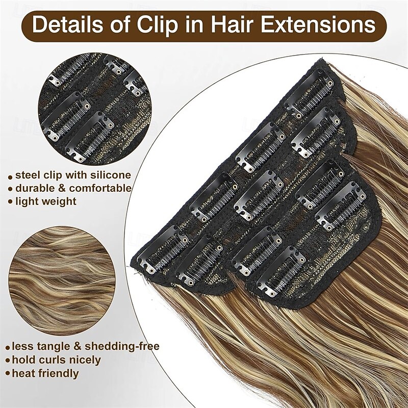 Clip In Hair Extensions Long Wavy Hair Extensions 4PCS Medium Brown Highlighted Blonde Clip Ins for Women Thick & Full Head Synthetic Hairpieces3