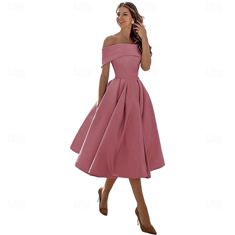 A-Line Cocktail Dresses Elegant Dress Formal Wedding Tea Length Sleeveless Off Shoulder Satin Backless with Pleats4