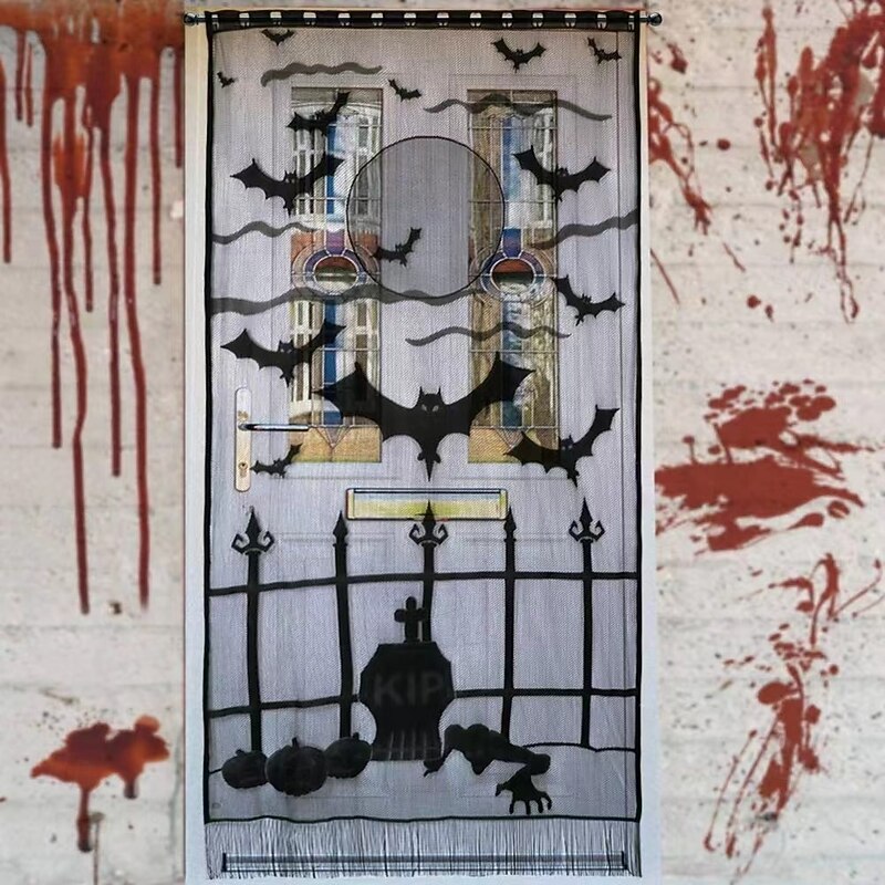 Happy Halloween Lace Window Curtain Door Panel Bats Spider Web Design Halloween Party Decoration