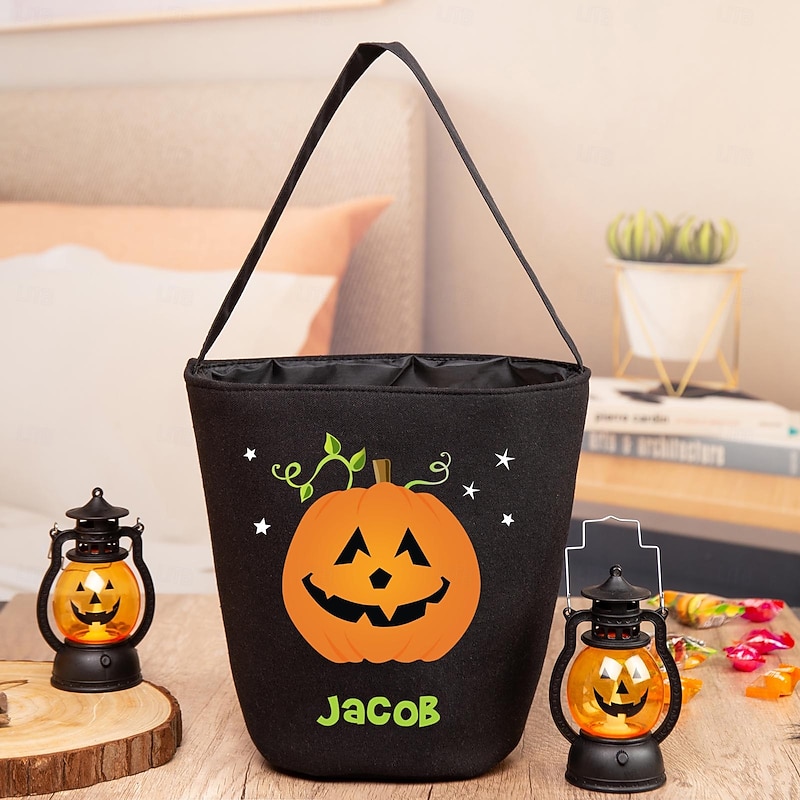 Personalized Name Halloween Treat Bag for Kids, Custom Candy Tote Bag Basket for Trick or Treat, Hand-Drawn Pumpkin Design Jute Gift Sack, Funny Trick or Treat Bag for Toddlers, Kindergarten Must-Have4