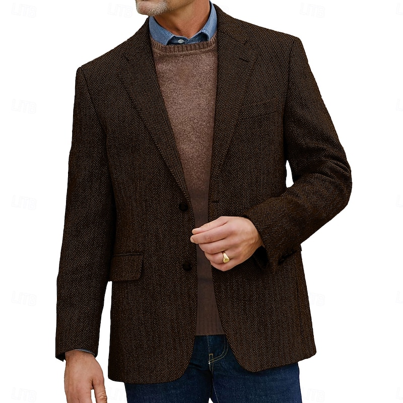 Men's Tweed Blazer Wool Herringbone Blazer Retro Vintage Classic Brown Standard Fit Single Breasted Two-buttons