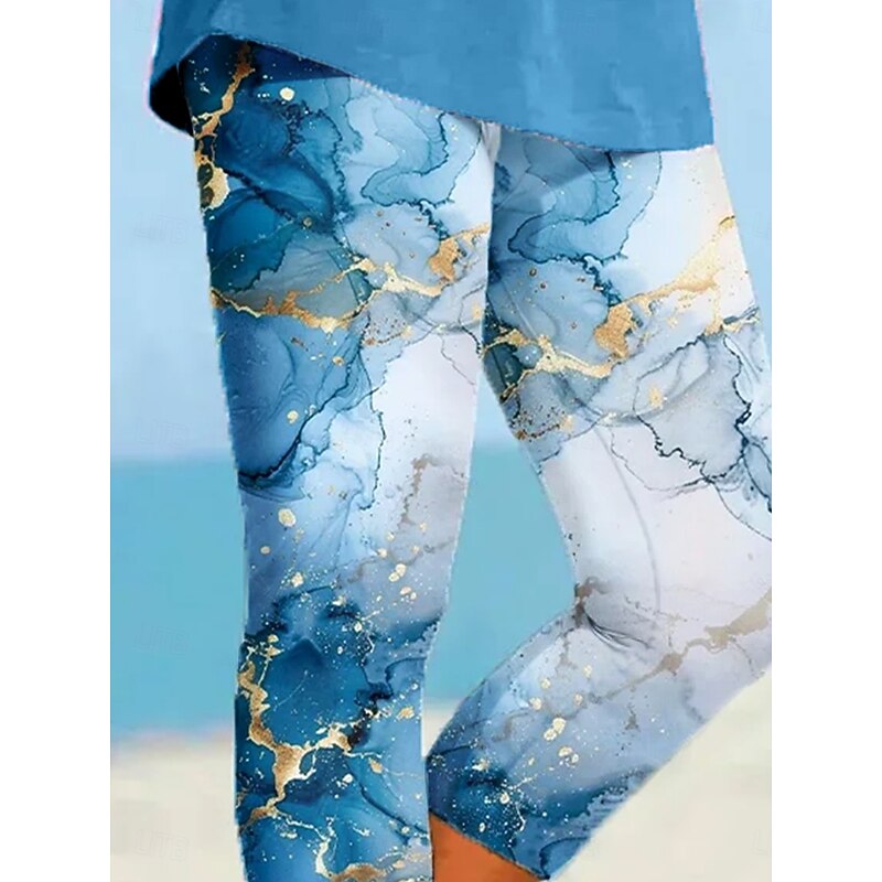 Women's Leggings Vacation Vintage Ethnic Style Calf-Length High Waist Graphic 3D Print Abstract Soft Comfortable Breathable High Elasticity Casual Daily Holiday Robin's Egg Blue Pea-Green White2