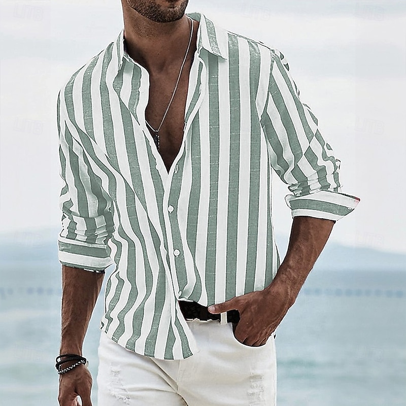 Men's Geometric Striped Shirt Button Up Shirt Long Sleeve Fashion Casual Dailywear Causal Beach Wear Summer Spring Turndown 3D Print Linen Like Shirt Black Pink Blue Green4