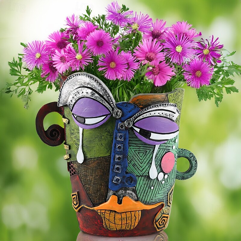 Brutalist Abstract Beauty Face Flower Pot, Colorful Crying Face Resin Planter, Artistic Emotional Sculpture for Home Garden Desktop Patio Decor